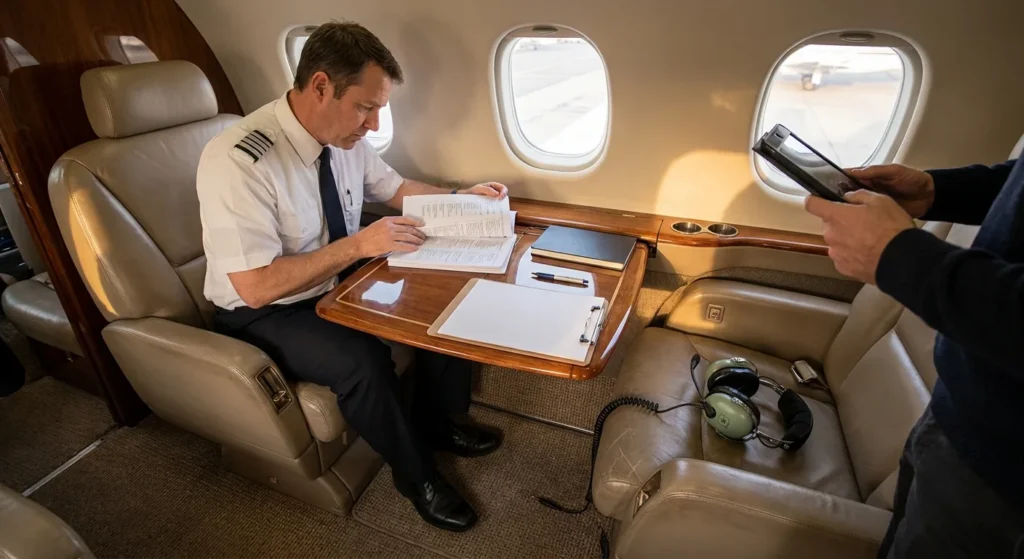 Chief pilot reviews paperwork on a light-jet cabin table, emphasizing governance and audit-ready documents.