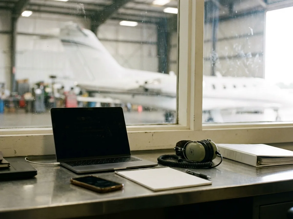 How to Choose Part 91 Aircraft Management: What to Look For 3 - part 91 aircraft management image 3 Ops desk scene with phone call, laptop turned away, and maintenance binder, suggesting AOG and records coordination.