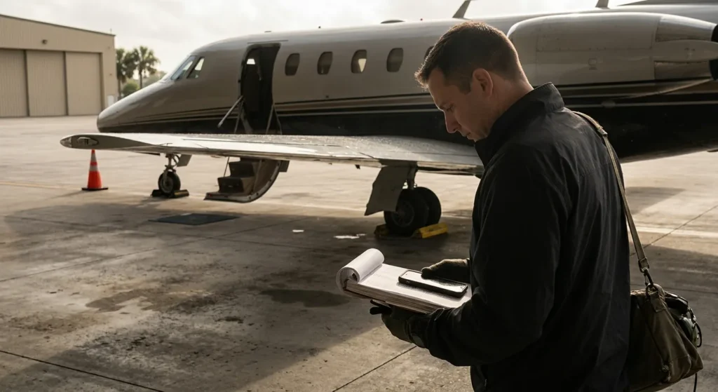 Contract pilot reviewing a thick trip paperwork clipboard beside a light jet on an FBO ramp