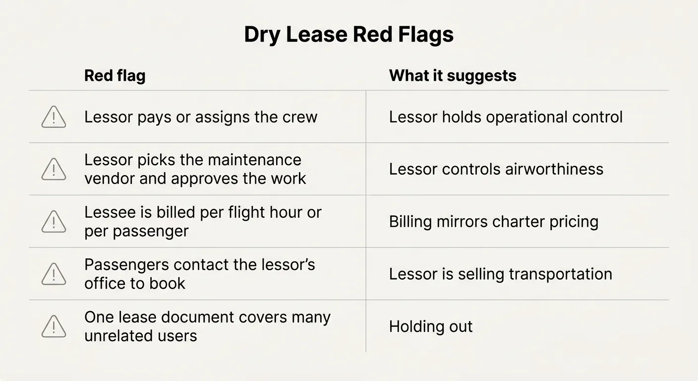 Table of five dry lease red flags and what each suggests about operational control
