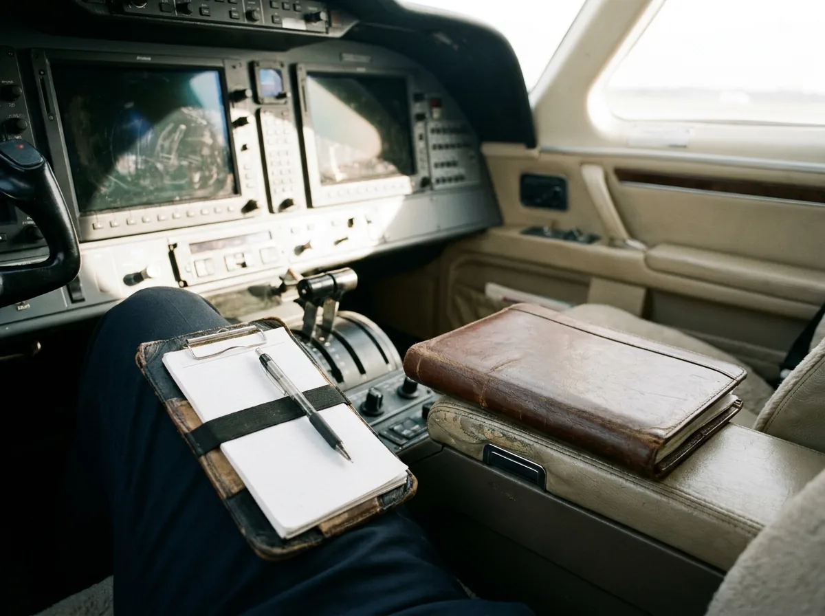 Pilot fills out a kneeboard checklist in a light jet cockpit before a new mission