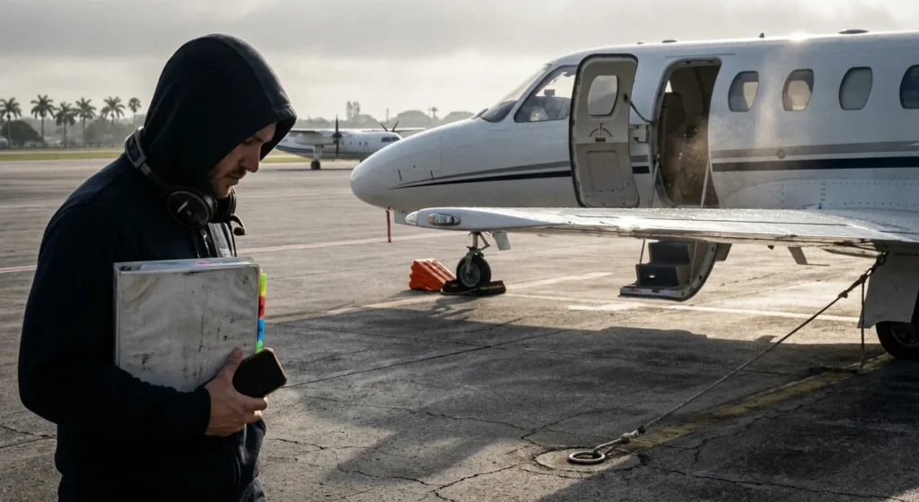 Chief pilot on a ramp holding a maintenance binder beside a parked light jet with the cabin door open.