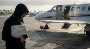 Chief pilot on a ramp holding a maintenance binder beside a parked light jet with the cabin door open.