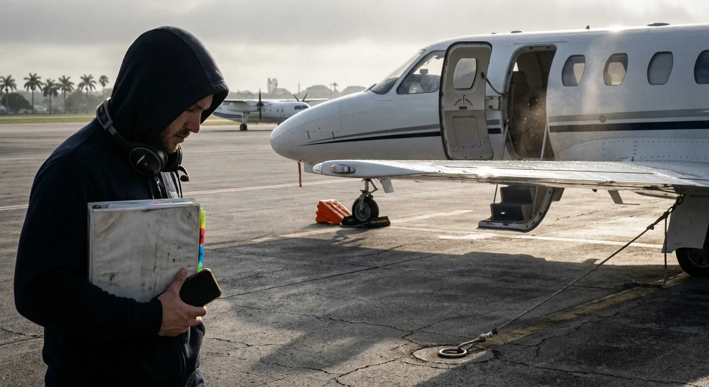 Chief pilot on a ramp holding a maintenance binder beside a parked light jet with the cabin door open.