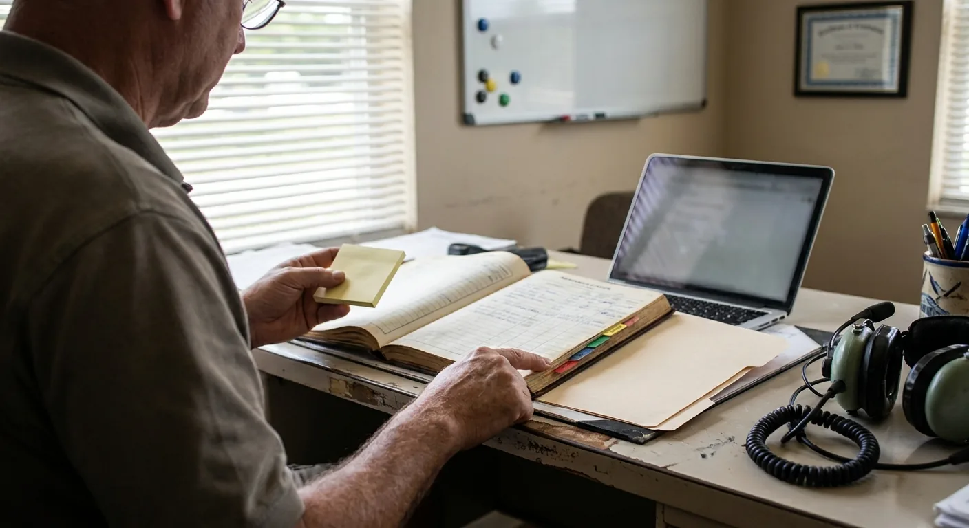 Operations desk with an open maintenance logbook, headset, and folders during a pre-trip compliance check.