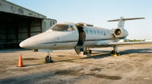 Light jet on a worn ramp outside an open hangar, set up for a private Part 91 trip
