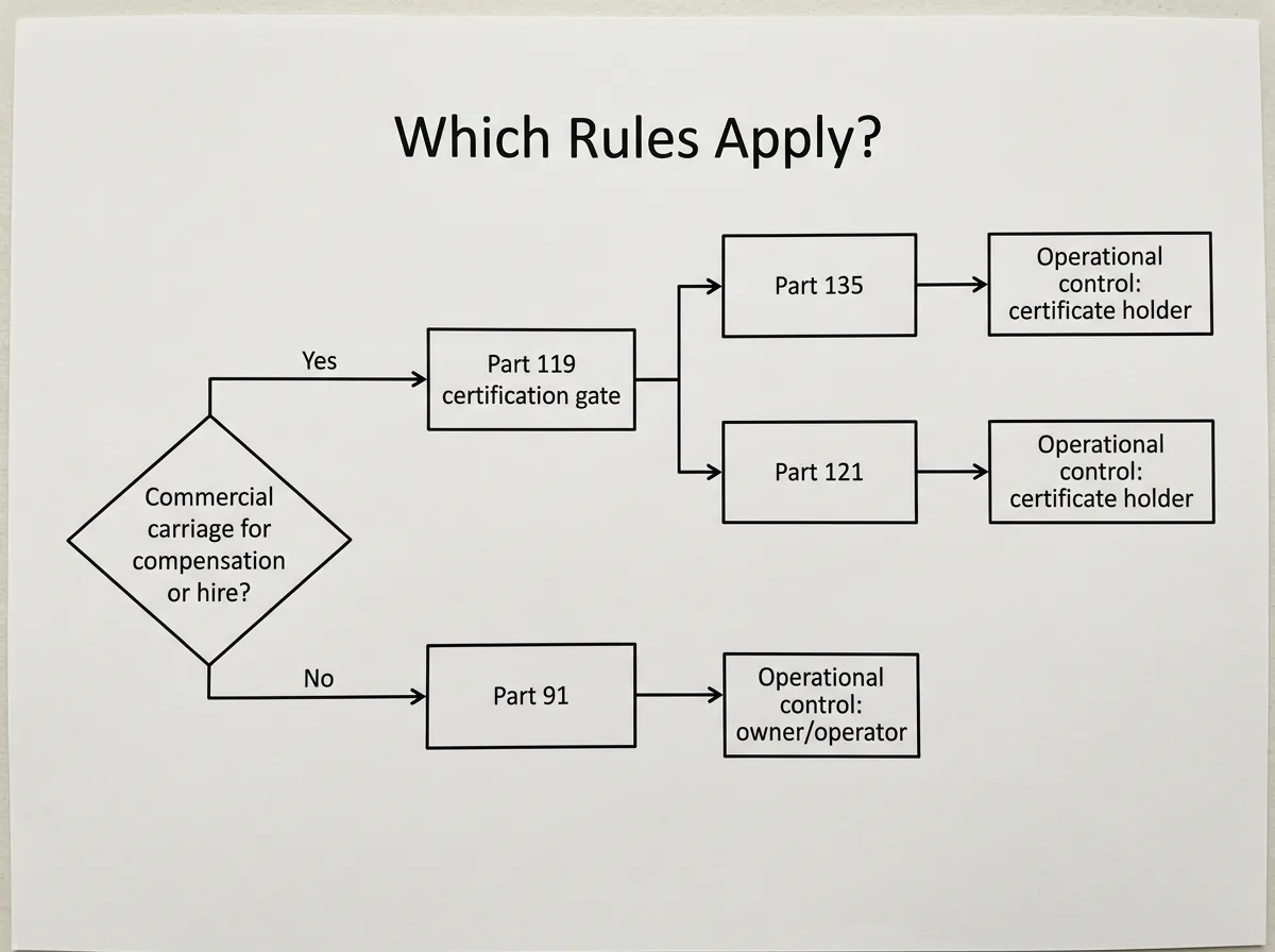 What Is Part 91 Operations? The Plain-English Guide 2 - part 91 operations image 2 Flowchart showing Part 91 vs Part 135 vs Part 121 and where operational control sits