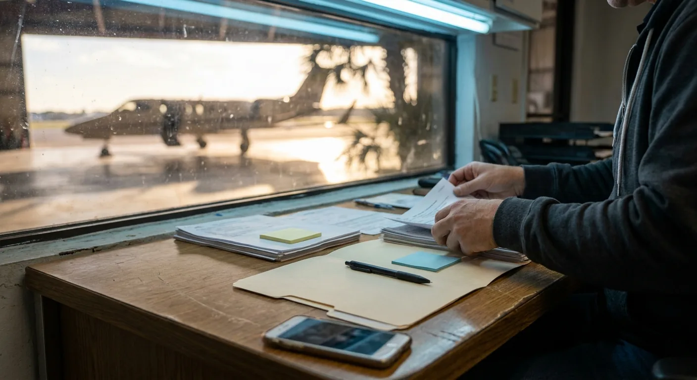 What Is Part 91 Operations? The Plain-English Guide 3 - part 91 operations image 3 Ops desk with two paper stacks in one folder, hinting how paperwork changes a flight's rule set