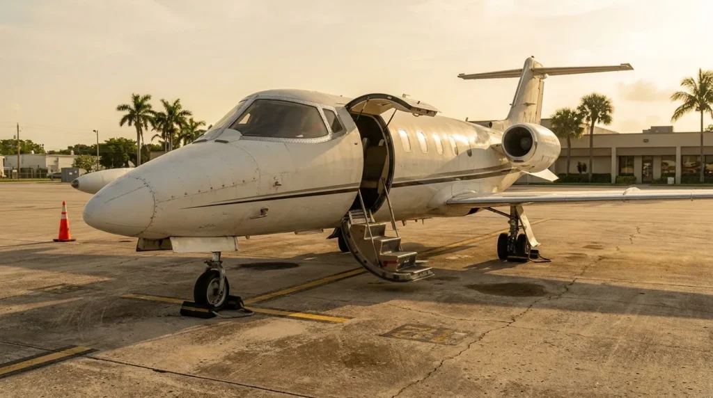 Pilot beside a parked light jet with airstair down on a humid South Florida ramp