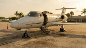 Pilot beside a parked light jet with airstair down on a humid South Florida ramp
