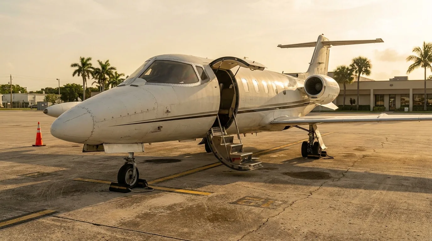 Pilot beside a parked light jet with airstair down on a humid South Florida ramp
