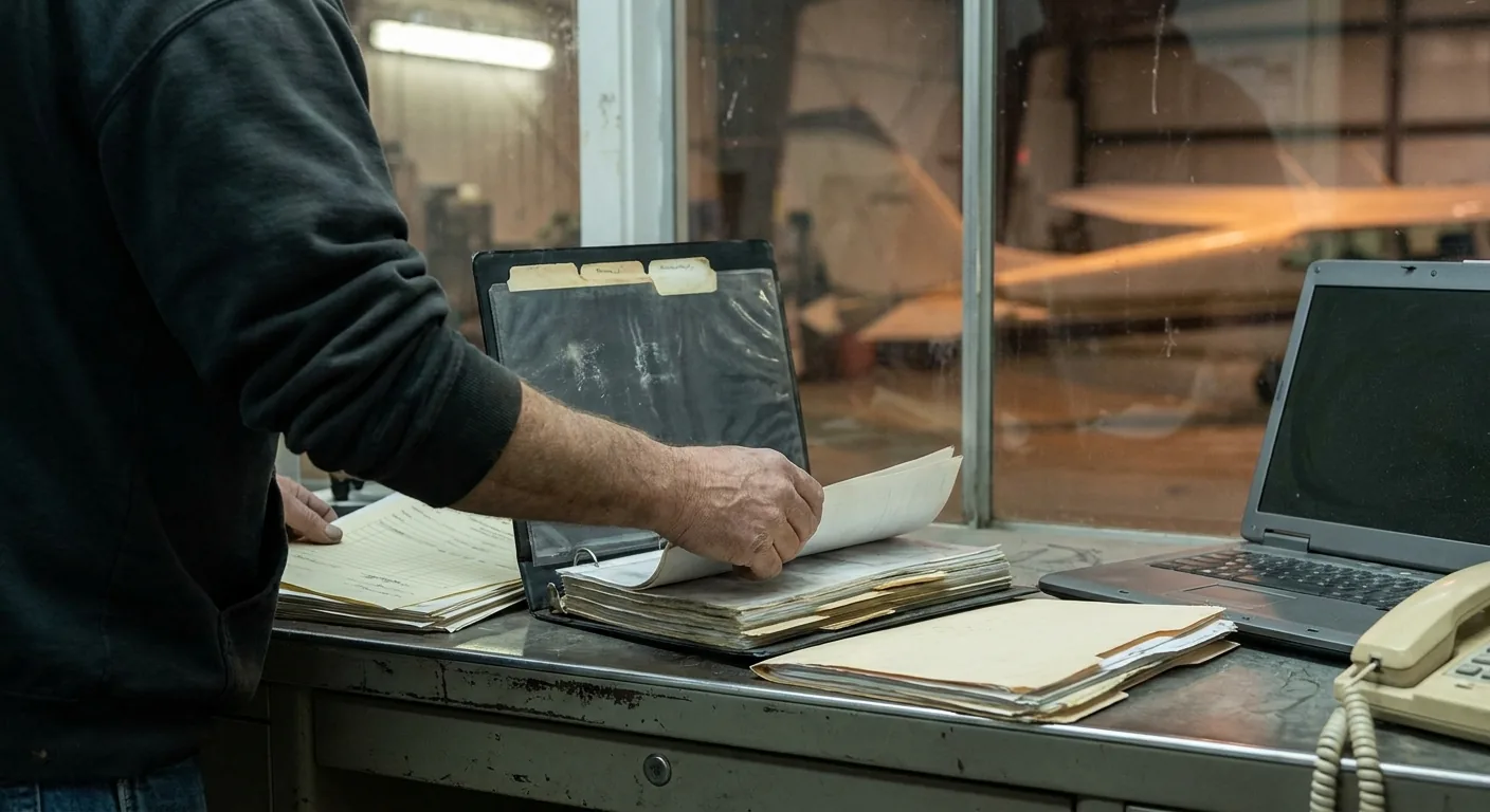 Hands flipping through an open binder and folder of flight-operation paperwork on a worn hangar office desk