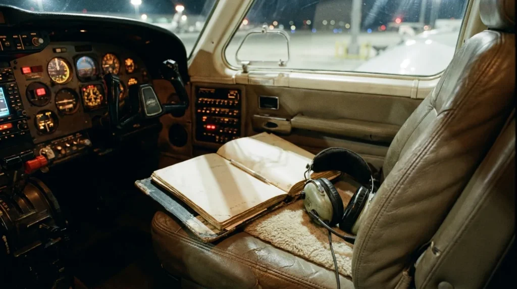 Pre-dawn light jet cockpit with pilots reviewing logbook binder and training records before departure
