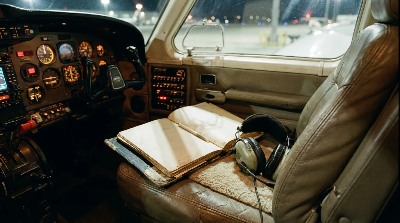 Pre-dawn light jet cockpit with pilots reviewing logbook binder and training records before departure