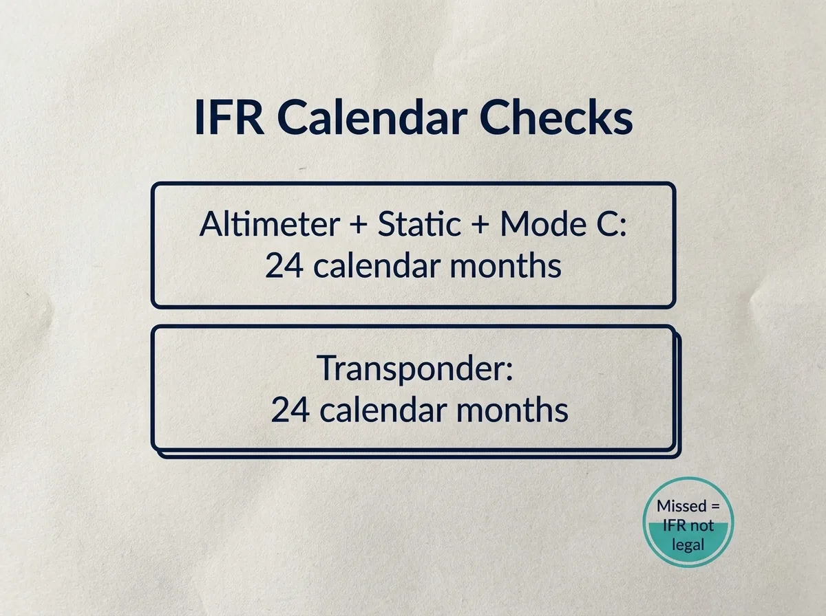 Diagram showing 24-calendar-month altimeter/static/Mode C and transponder inspection cycles for IFR legality